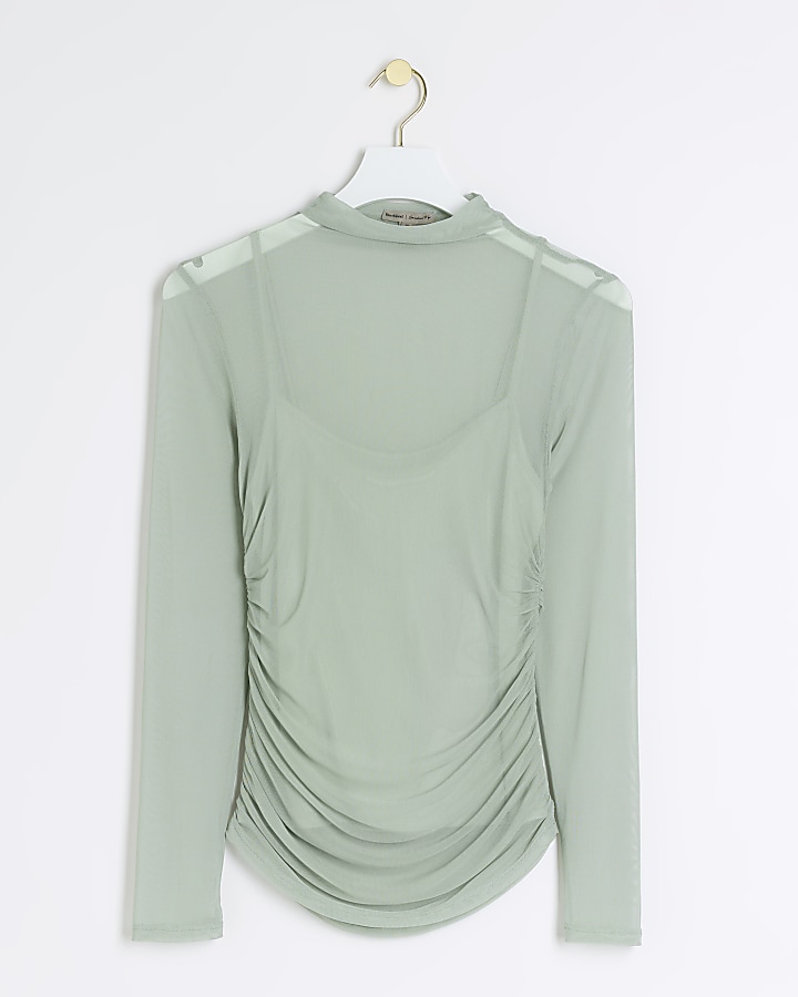 Green mesh ruched long sleeve top