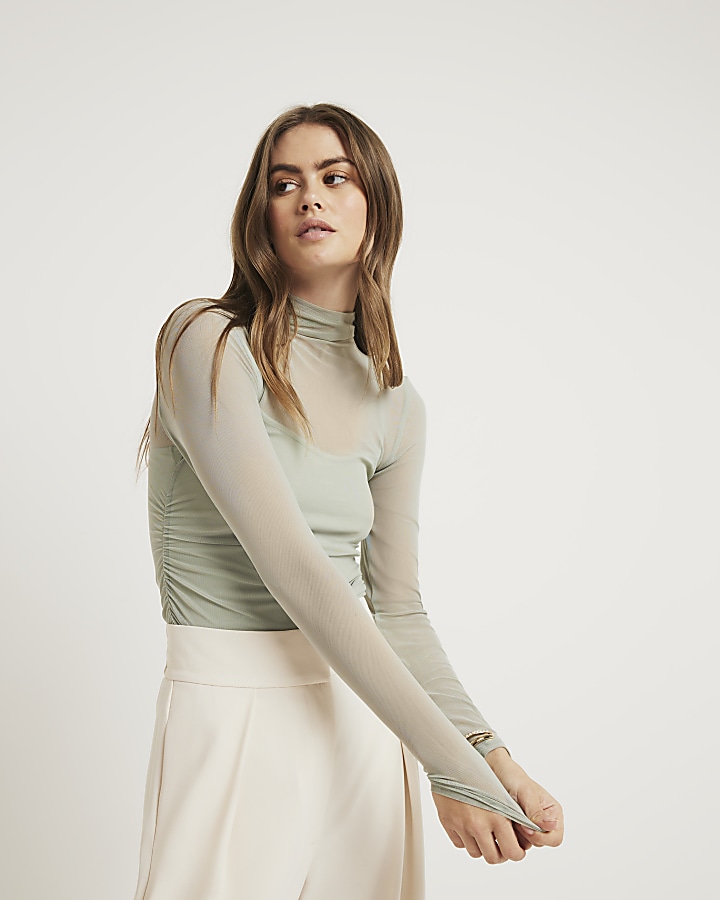 Green mesh ruched long sleeve top