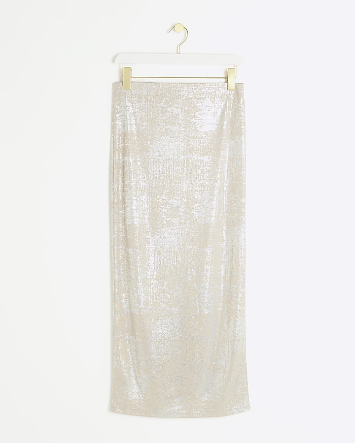 Beige stone foil print midi skirt
