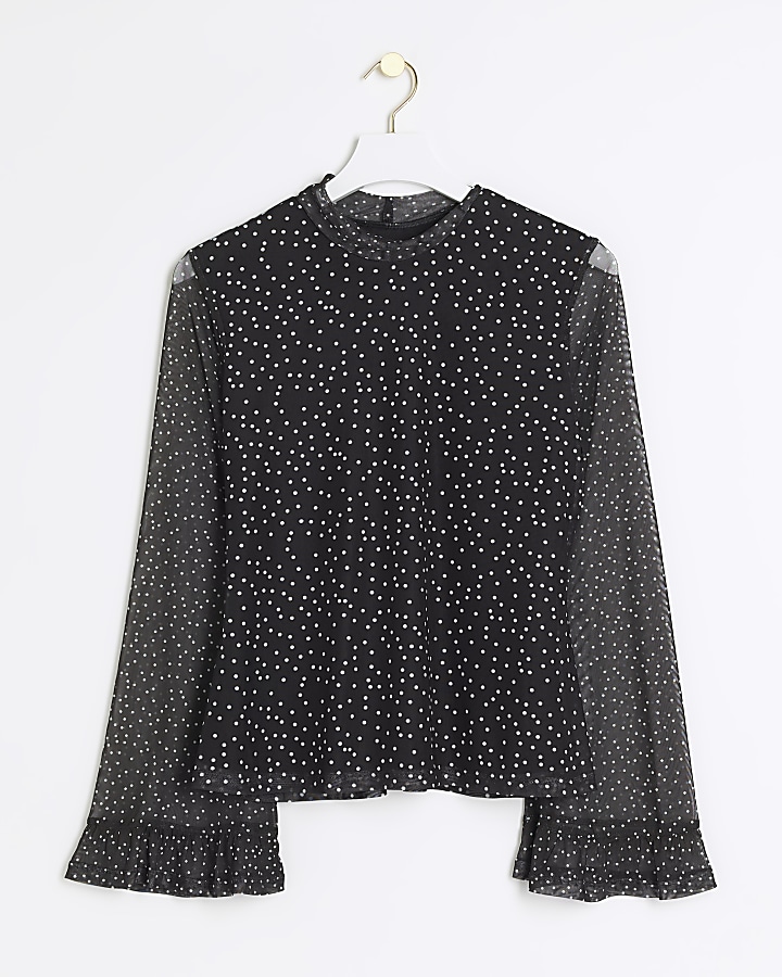 Black spot mesh sleeve blouse