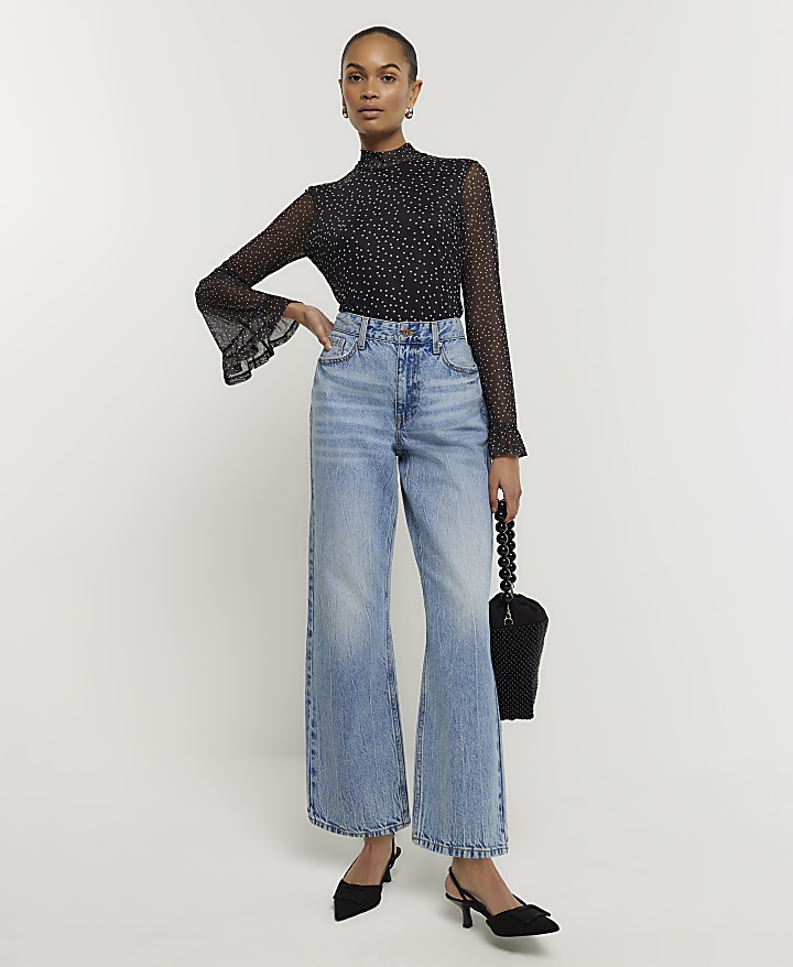 Black spot mesh sleeve blouse