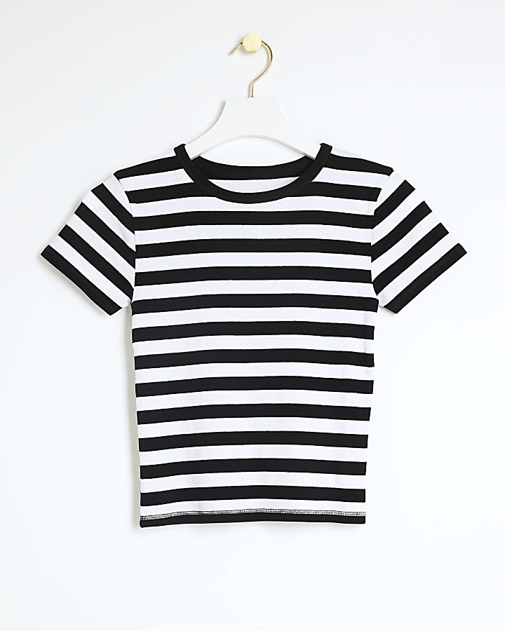 Black ribbed stripe cropped t-shirt
