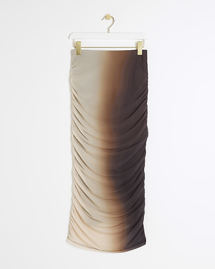 Brown mesh ombre ruched midi skirt