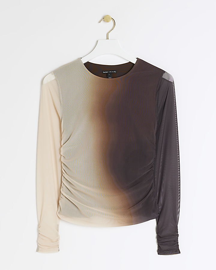 Brown mesh ombre ruched top