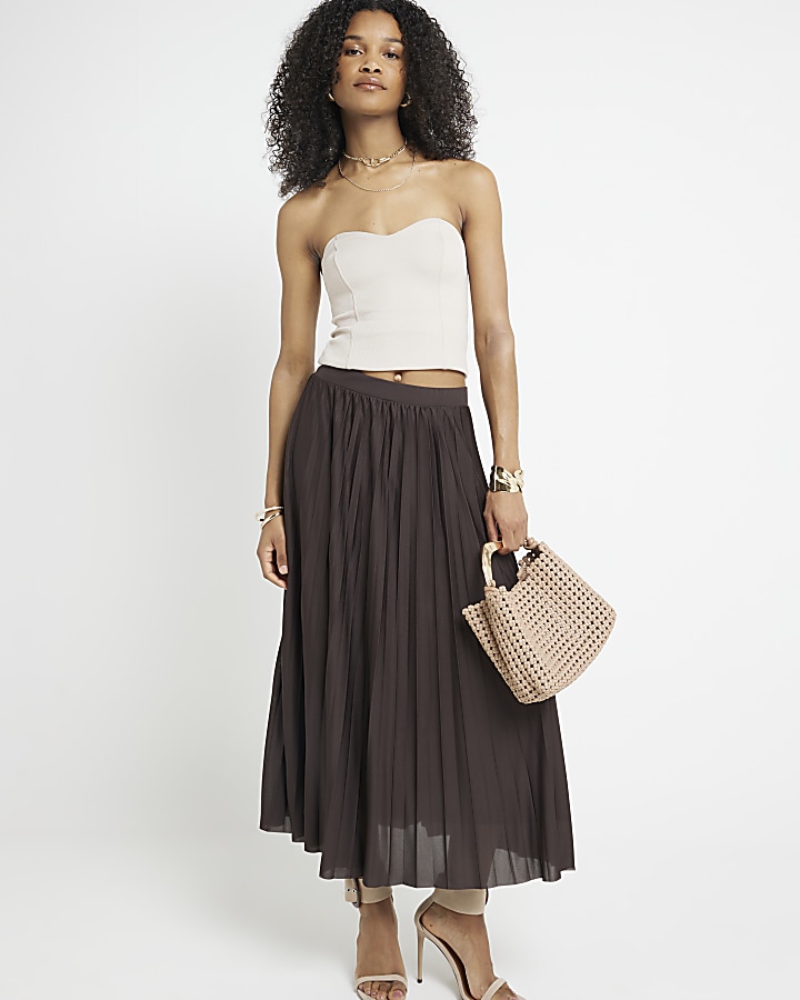 Brown pleated midi skirt