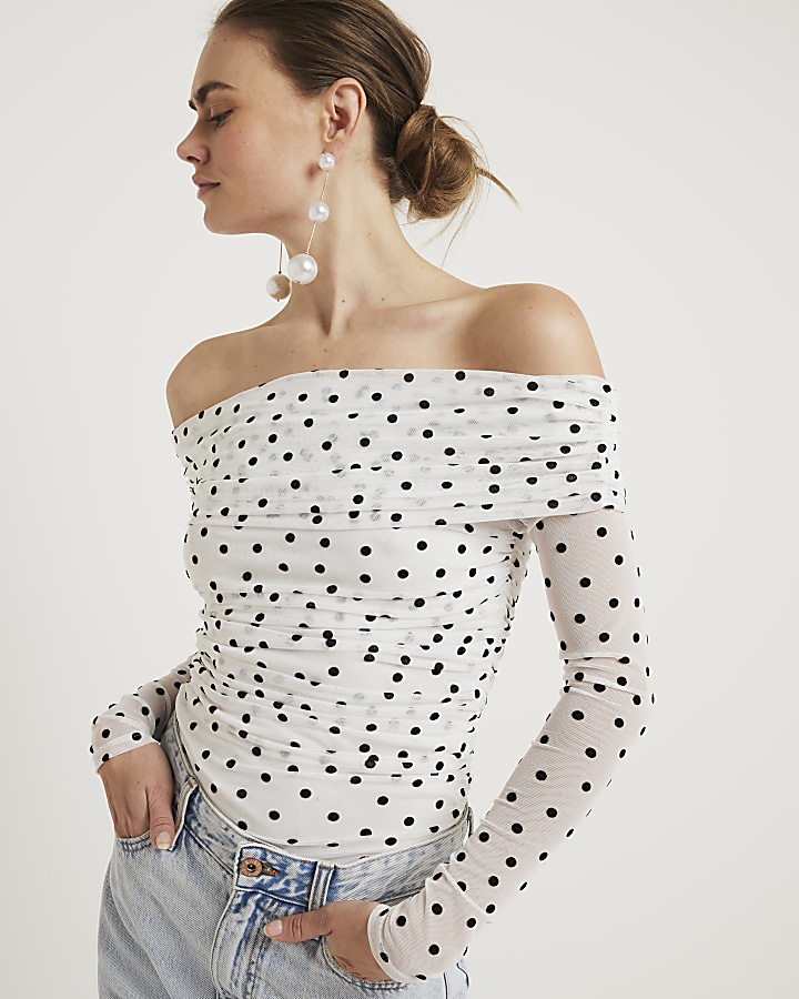 White ruched spot bardot top