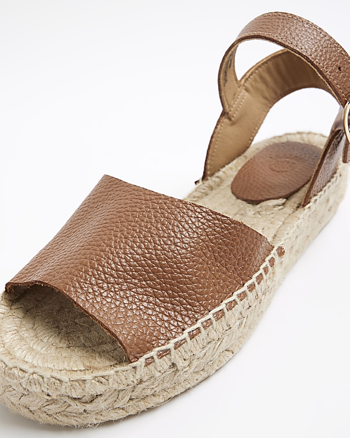 Brown Leather Espadrille Flat Sandals