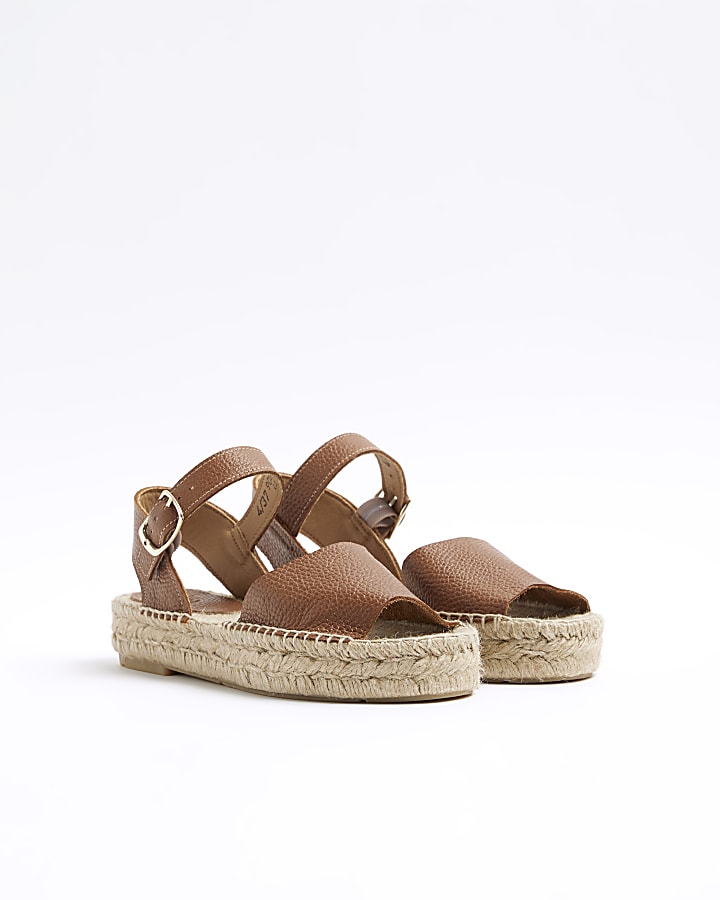 Brown Leather Espadrille Flat Sandals