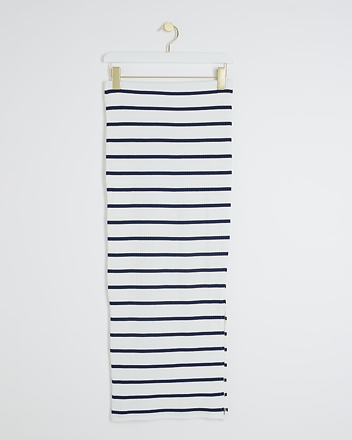 White Ribbed Stripe Midi Skirt
