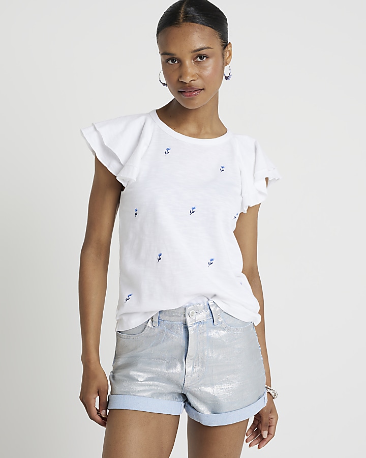 White embroidered frill sleeve t-shirt