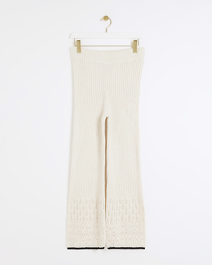 Petite white stitch detail wide leg trousers