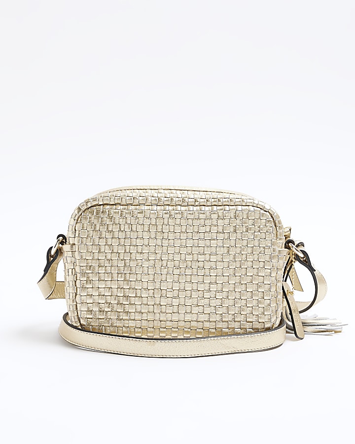 Gold Leather Woven Cross Body Bag