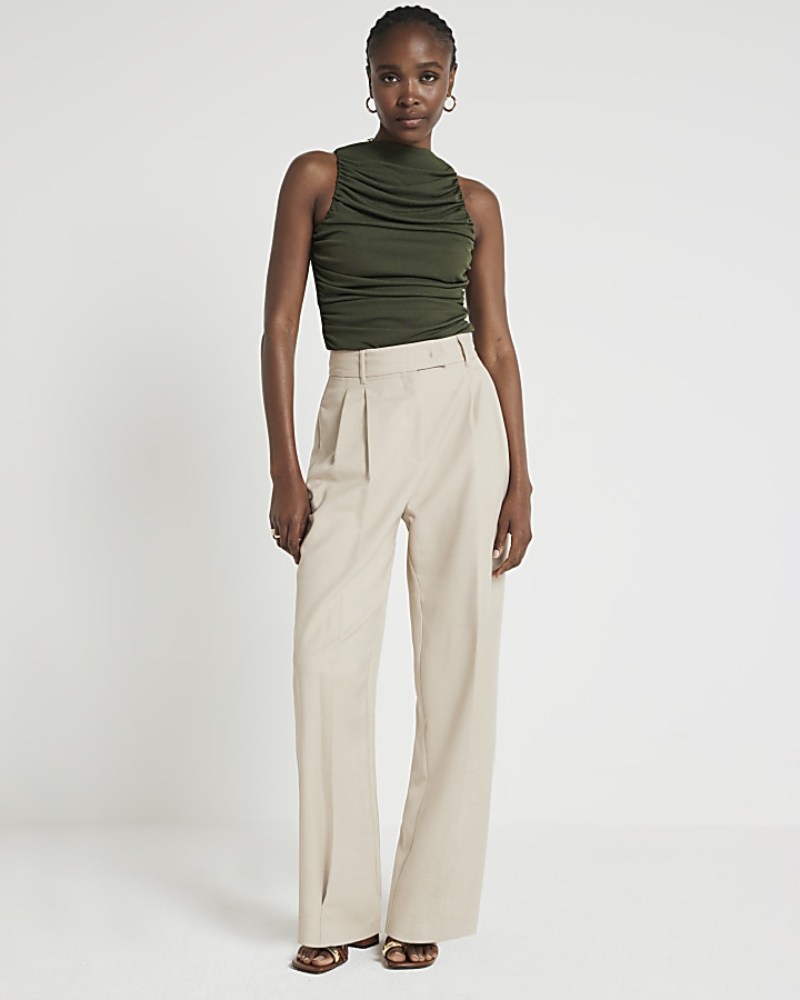 Khaki Ruched High Neck Top