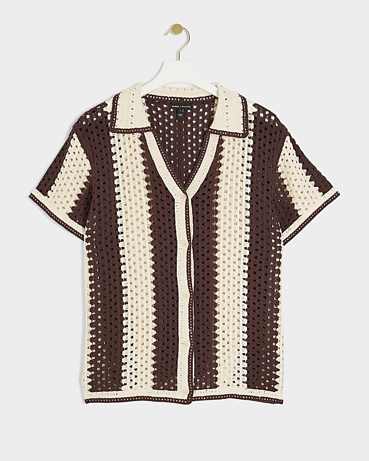 Brown crochet stripe polo shirt