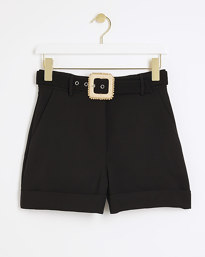Petite Black belted shorts