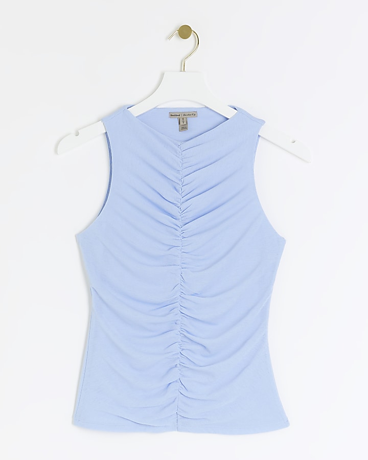 Blue Mesh Ruched Tank Top