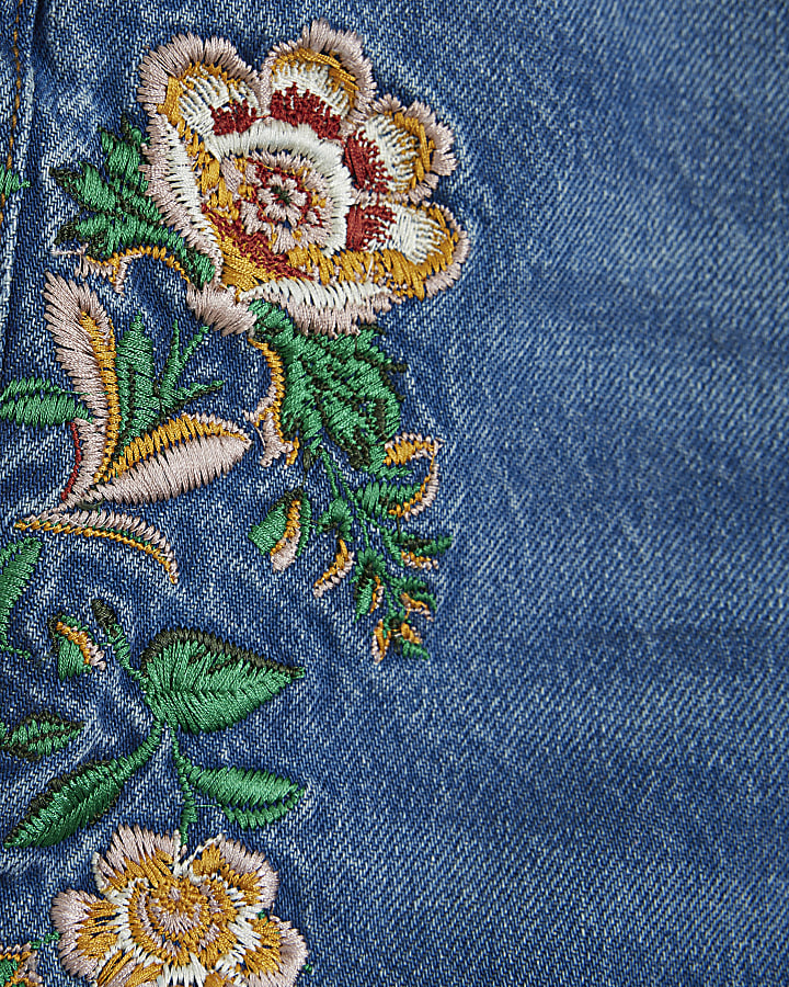 Blue floral embroidered mom denim shorts
