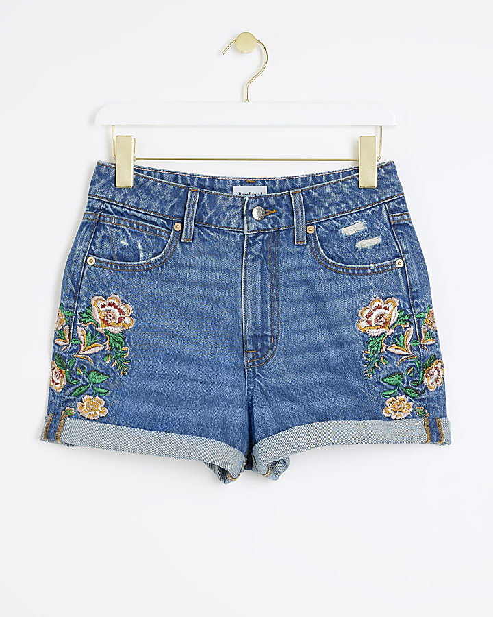 Blue floral embroidered mom denim shorts
