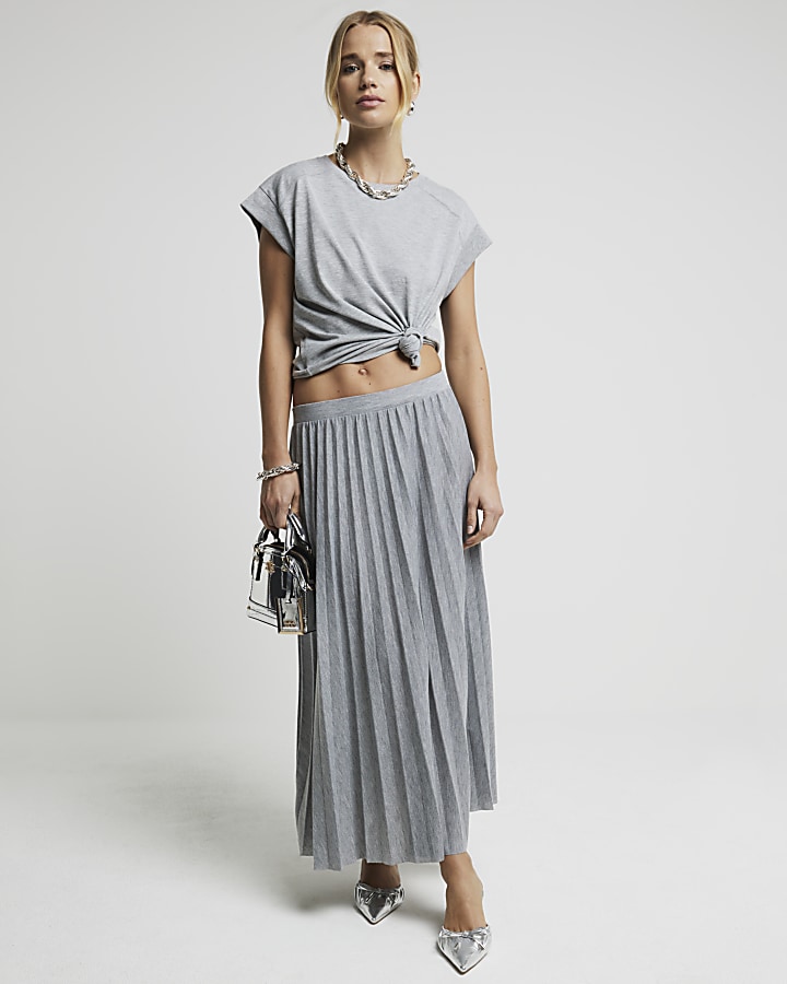 Grey pleated midi skirt