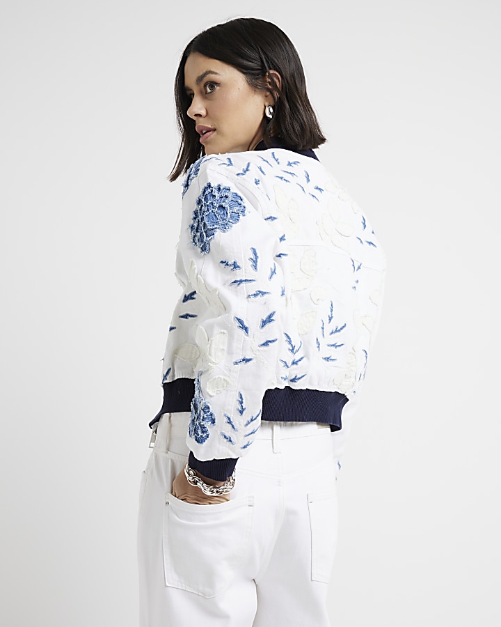 White embroidered cropped bomber jacket