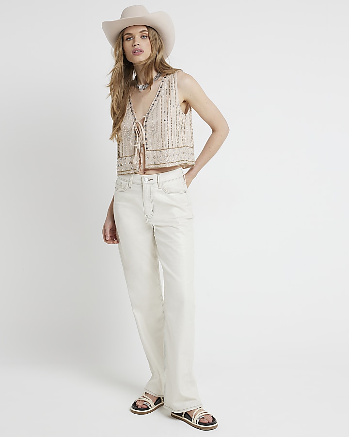 Cream glitter relaxed straight jeans