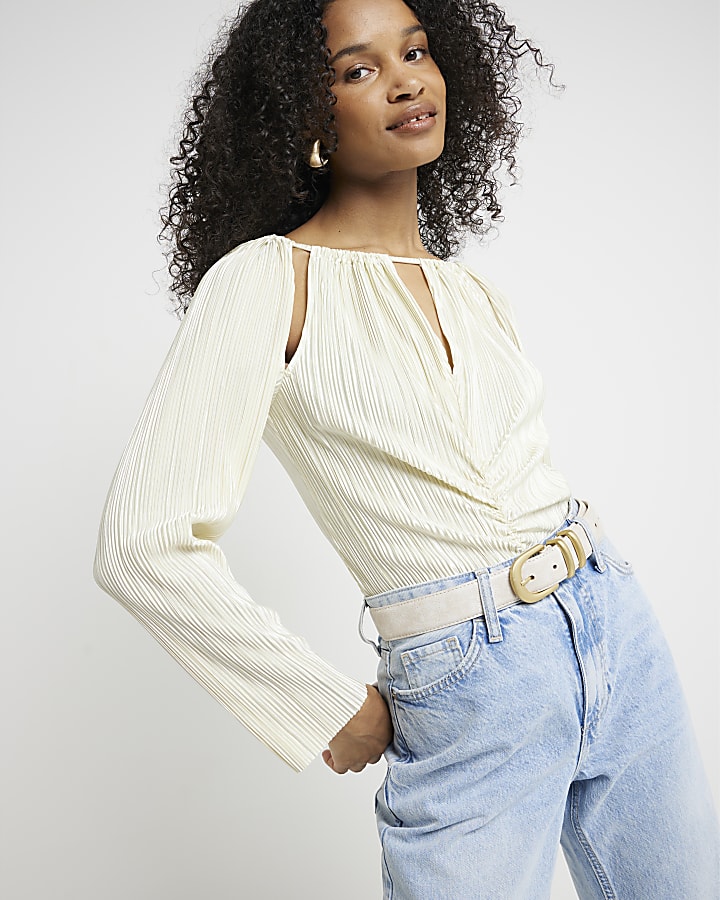Cream plisse cut out long sleeve top