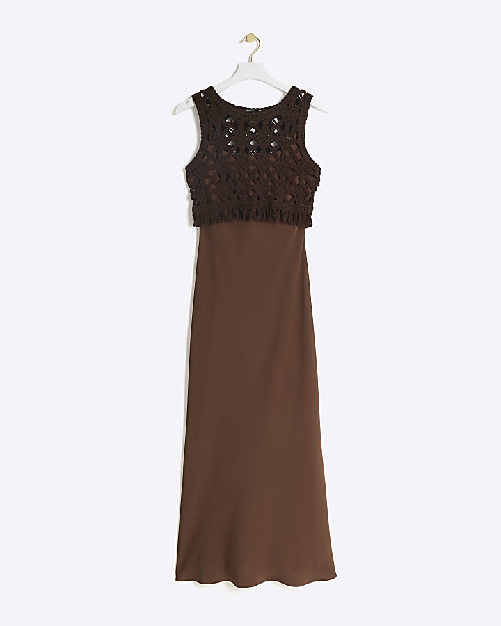 Brown Crochet Vest And Slip Maxi Dress
