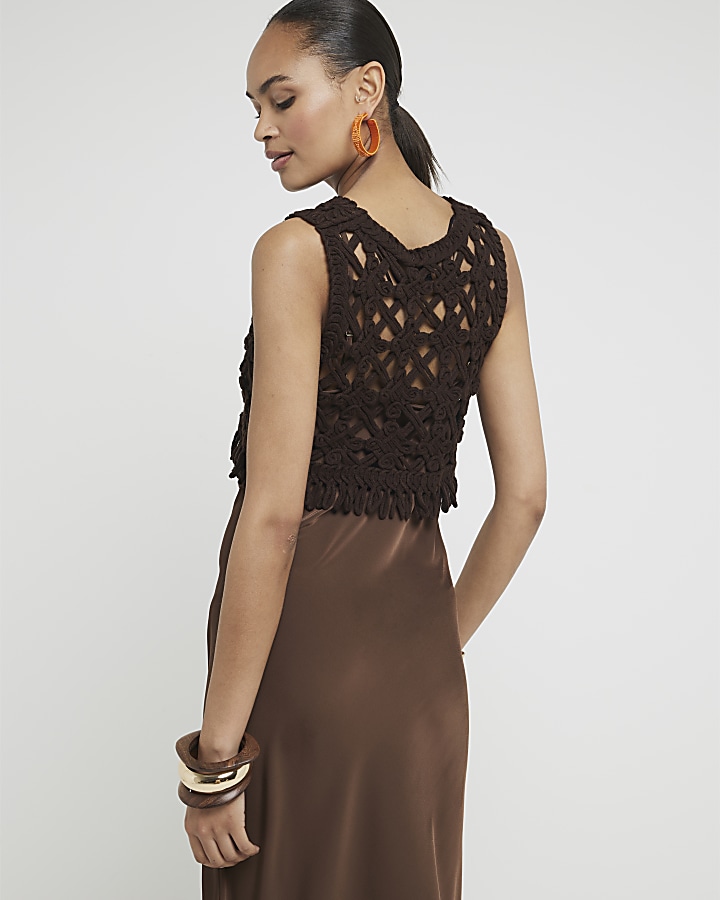 Brown Crochet Vest And Slip Maxi Dress