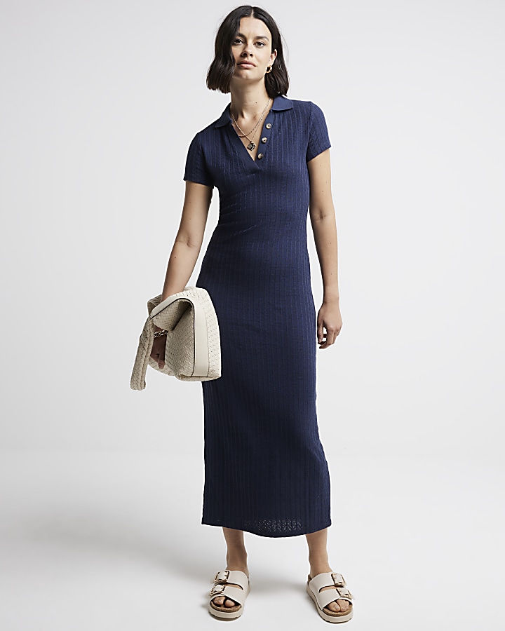 Navy crochet maxi polo dress