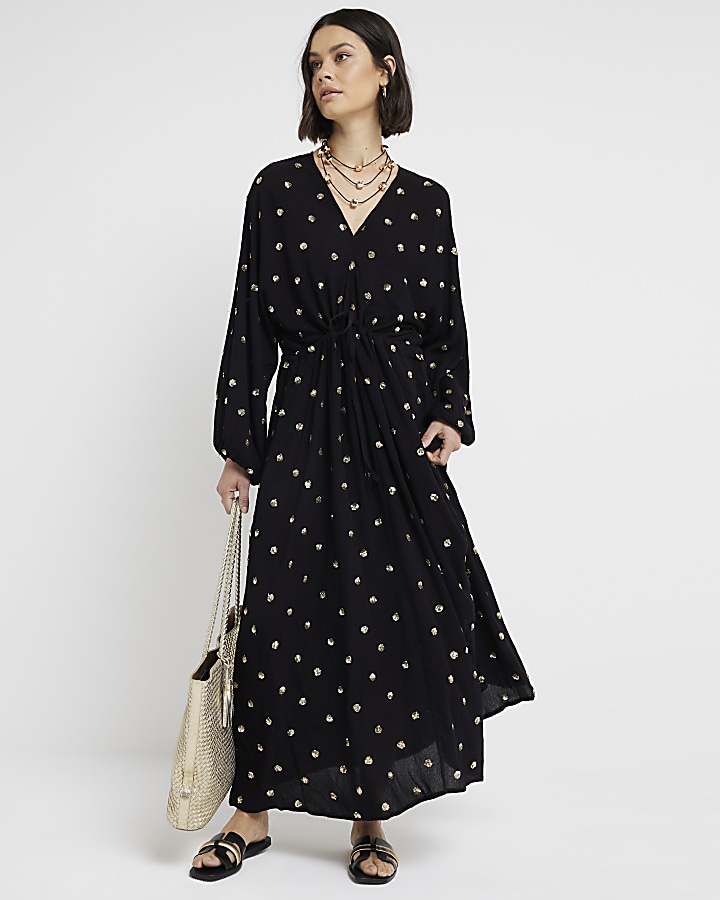 Black sequin embellished shift midi dress