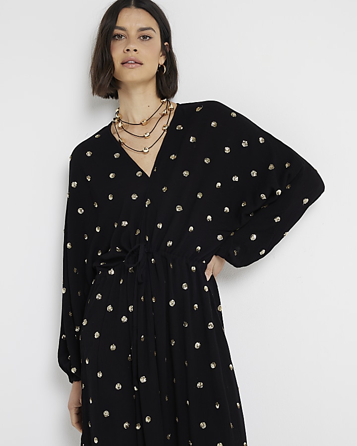 Black sequin embellished shift midi dress