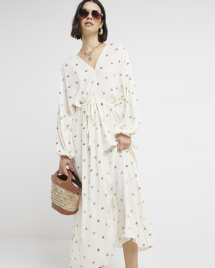 Cream sequin embellished shift midi dress