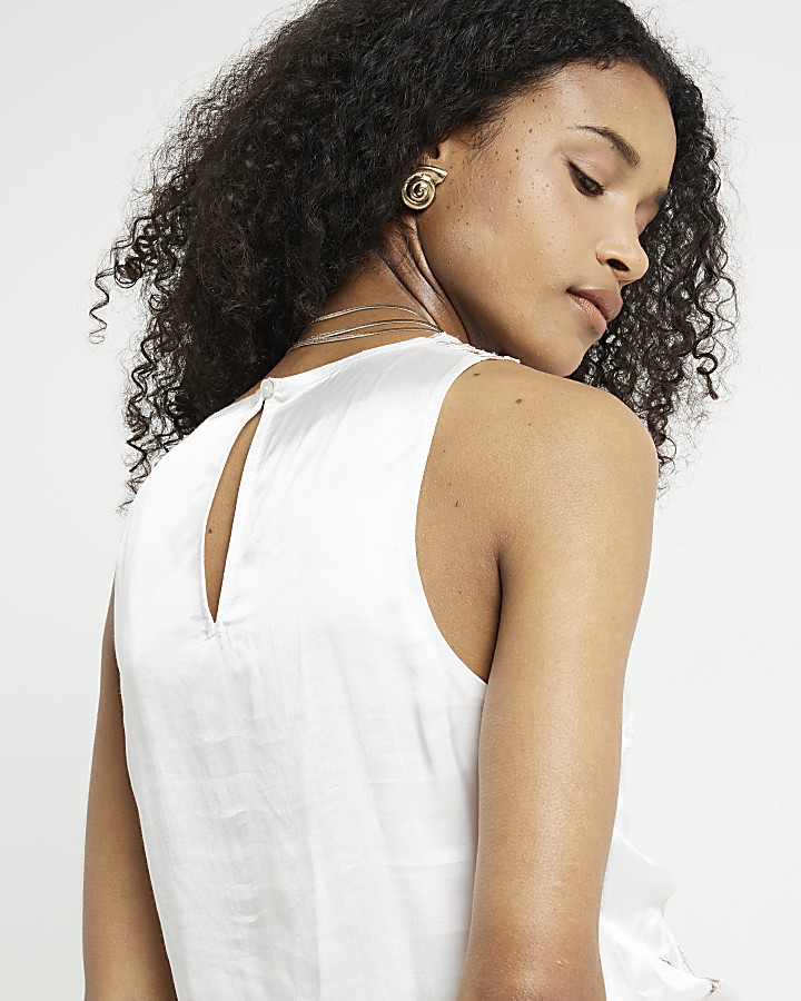 White Embroidered Cut Out Tank Top