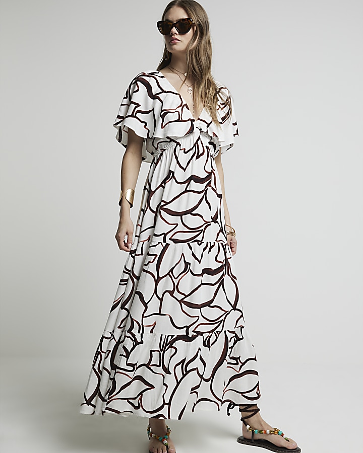 Brown abstract frill sleeve smock maxi dress