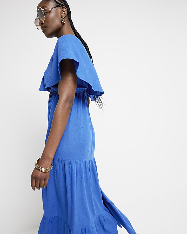 Blue frill sleeve smock maxi dress