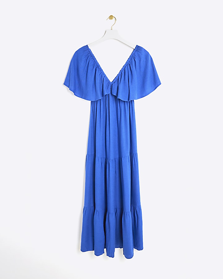 Blue frill sleeve smock maxi dress