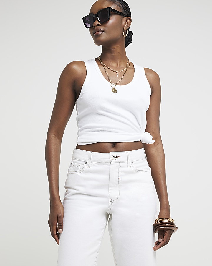 White relaxed straight fit cropped jeans