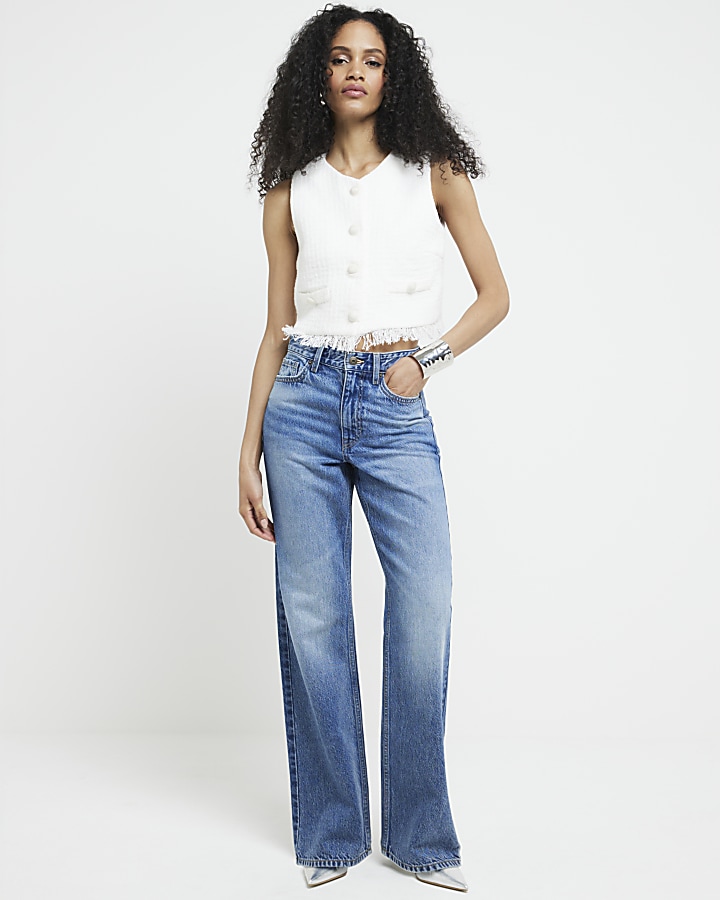 Blue high waisted relaxed straight jeans