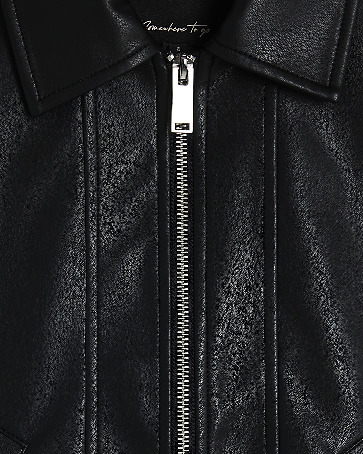 Black faux leather zip up harrington jacket