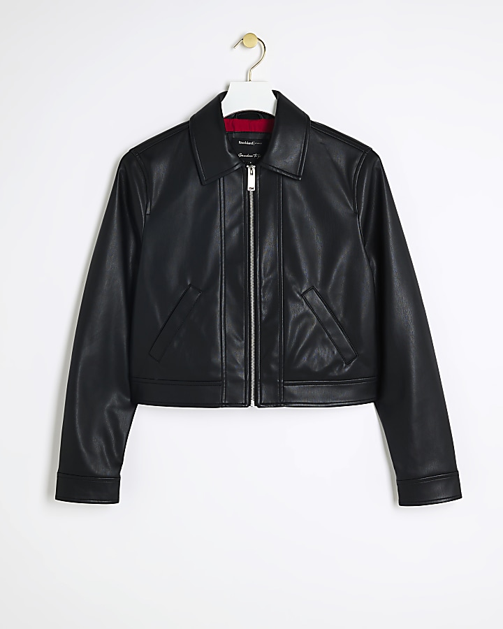 Black faux leather zip up harrington jacket
