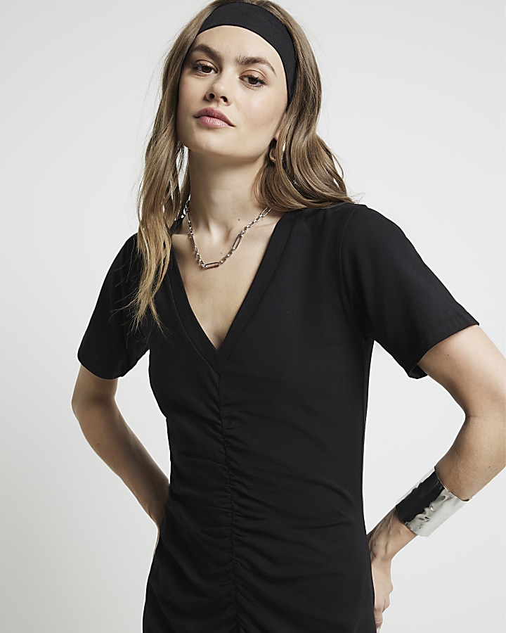 Black ruched t-shirt maxi dress