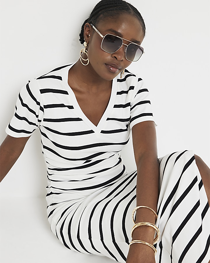 White stripe ruched t-shirt midi dress