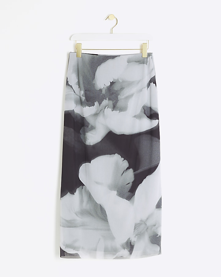 Black floral mesh maxi skirt