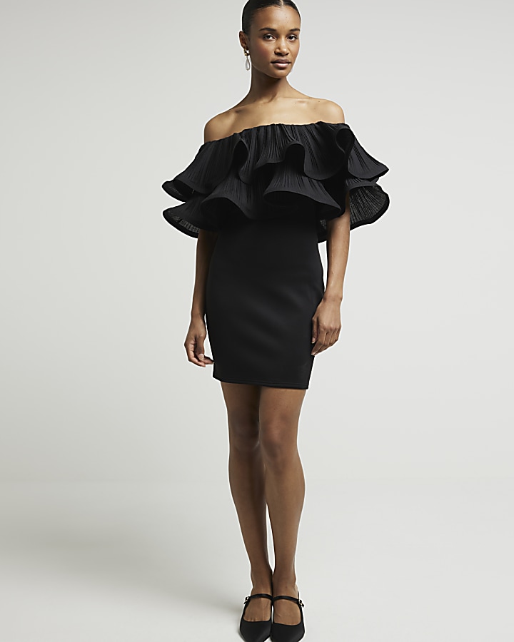 Black bardot plisse frill mini dress