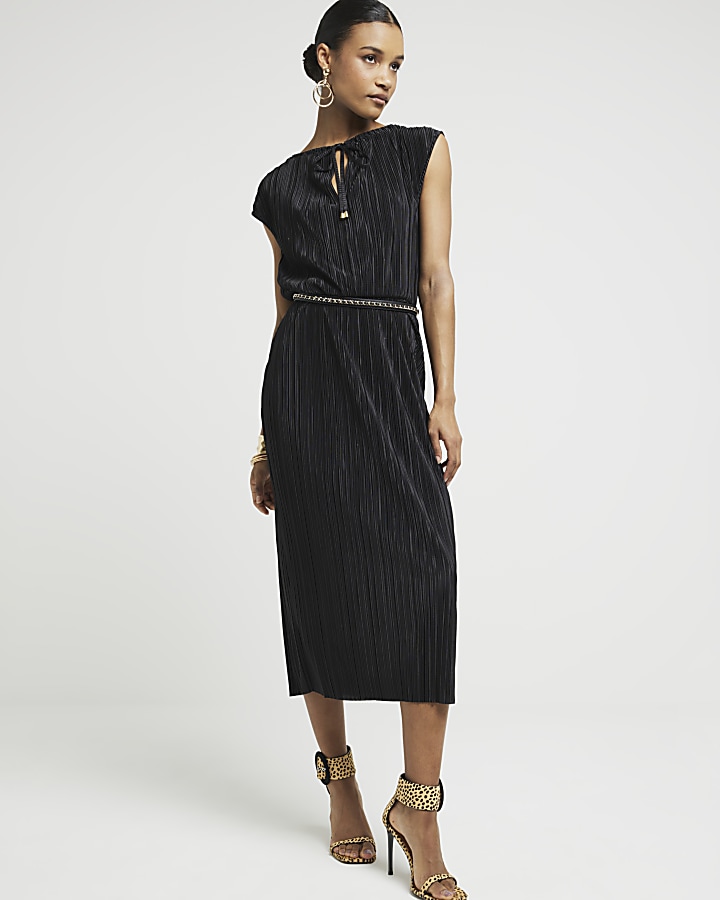 Black plisse elasticated shift midi dress