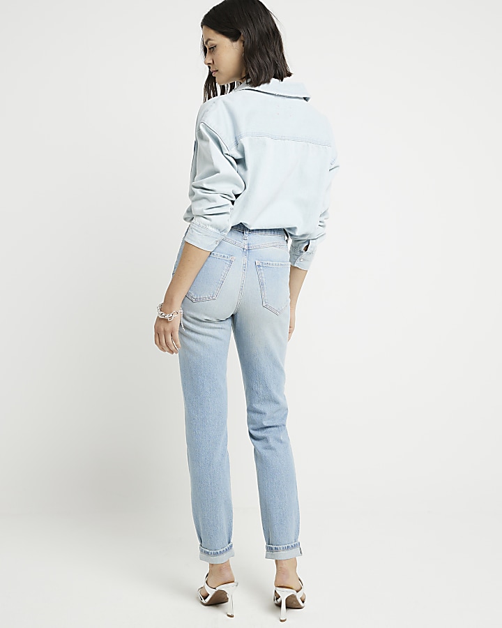 Blue high waisted whipstitch mom jeans
