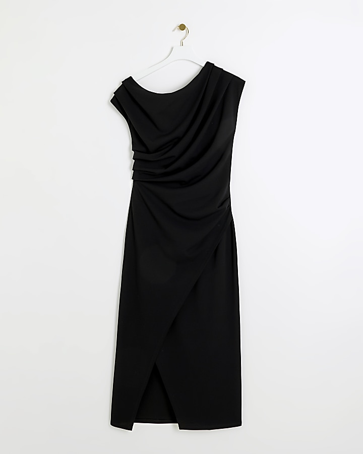 Black drape off shoulder bodycon midi dress