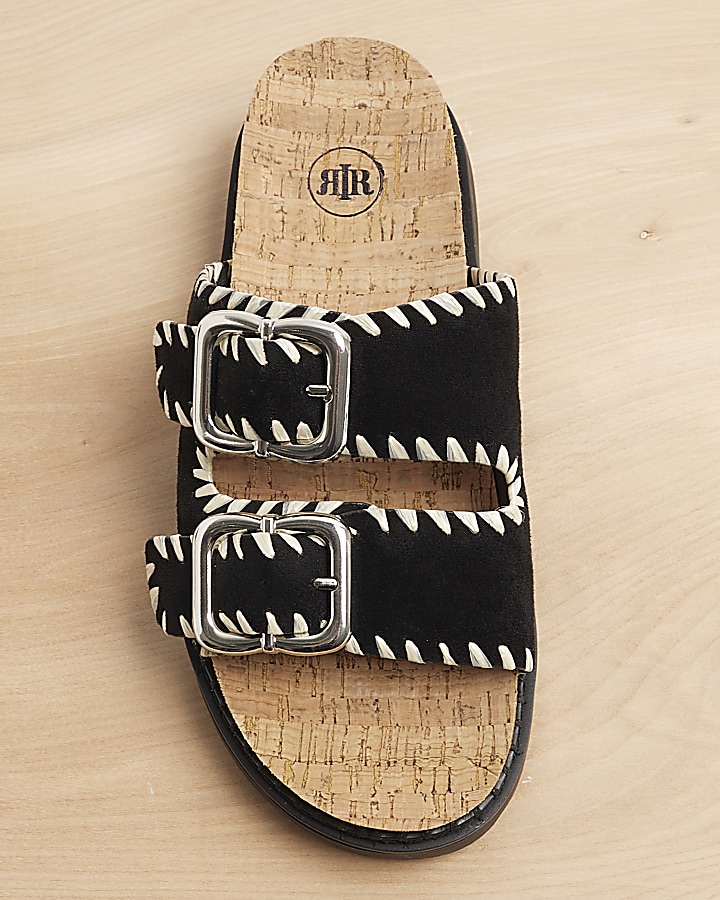 Black Stitched Double Buckle Sandals