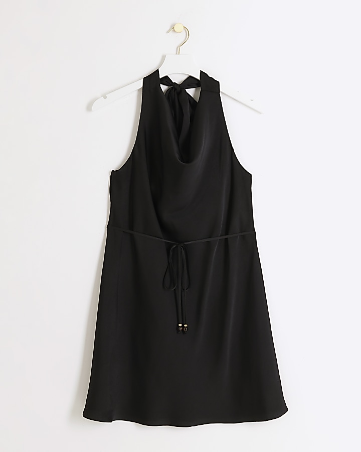 Black satin open back slip mini dress