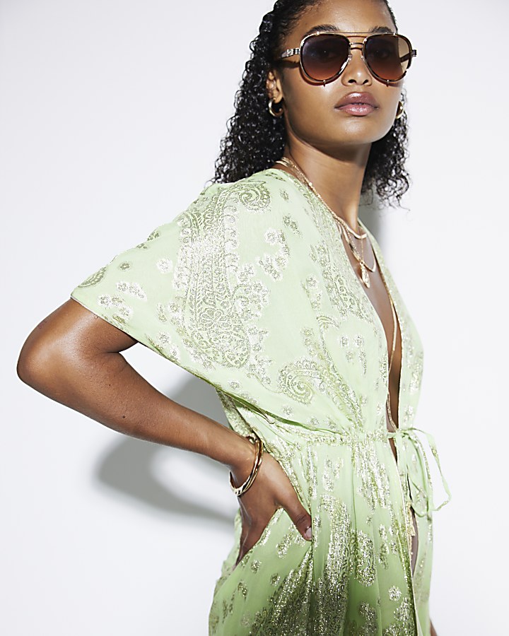 Green metallic longline beach kaftan top River Island